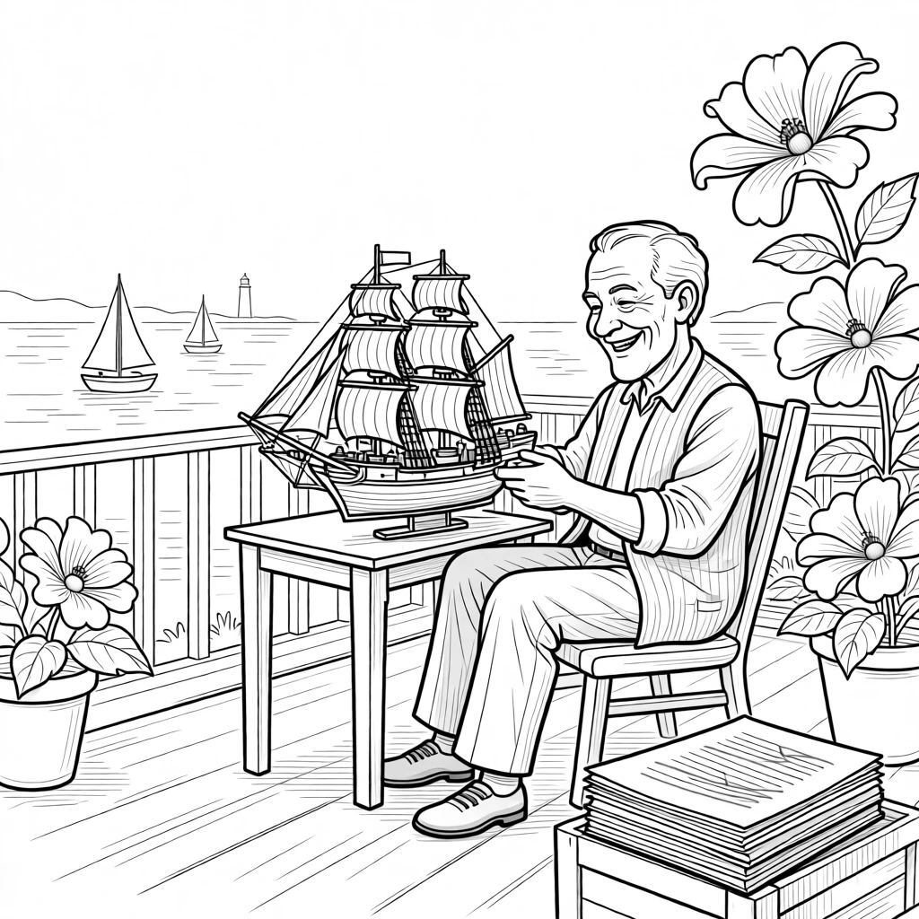 A grandfather building an elaborate model ship, beaming proudly beside blooms twice the usual size, set on a porch overlooking a harbor. Red pen marks trail across a stack of essays. The image honors a lifetime of stories worth telling.
