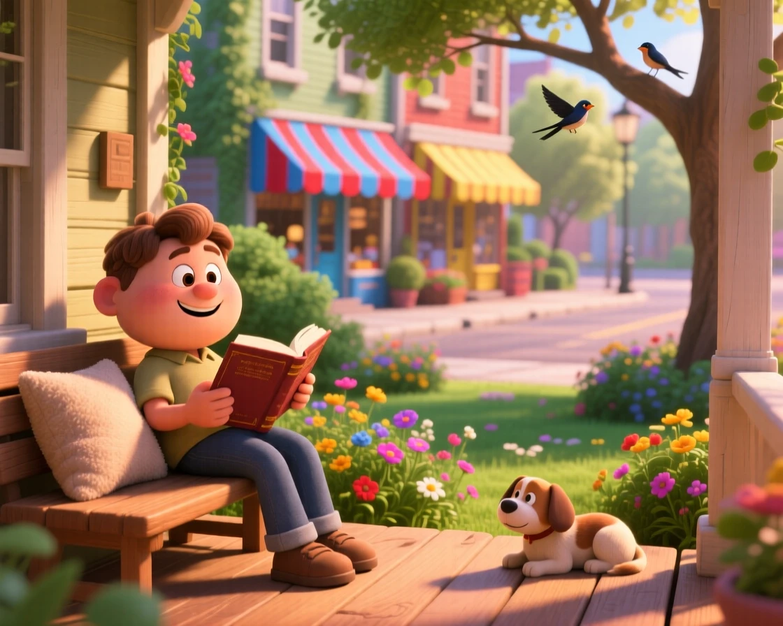 A commuter reading a book on a quiet train is captured on a porch overlooking a quiet garden, with colorful awnings lining the street. The mood is calm, familiar, and quietly delightful.