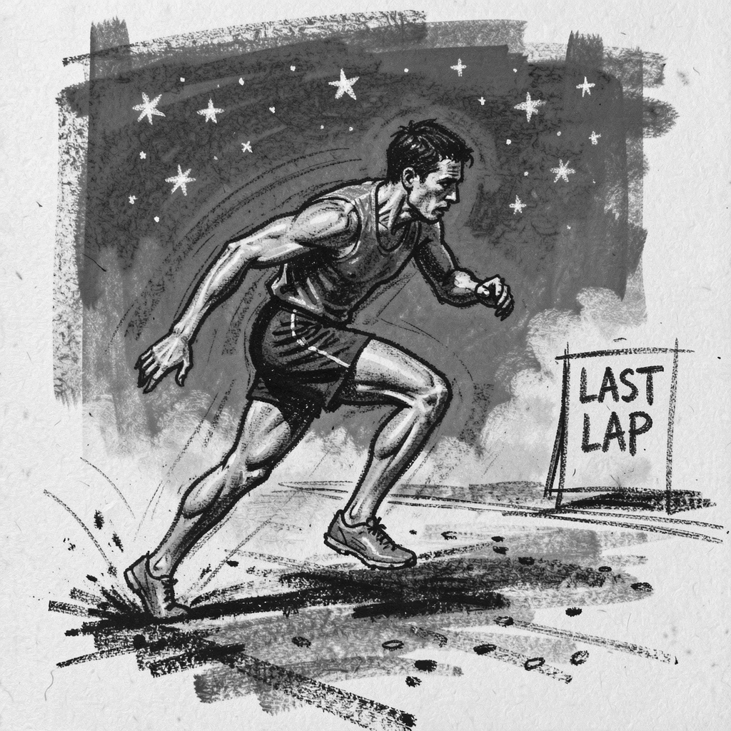 An athlete overcoming a fall to rise and finish the race, as the first stars appear overhead.