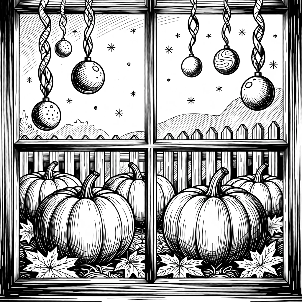 A pumpkin patch under a golden autumn sky while gentle snowflakes drift past a window, with ribbons and ornaments catching the light, capturing a wonderfully inviting seasonal moment.