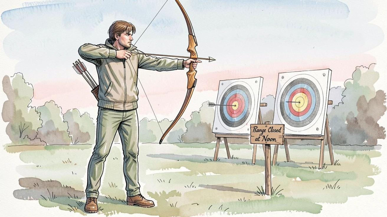 A archer drawing a bow at an outdoor range on a crisp morning, a quiet sense of skill and patience throughout the scene.