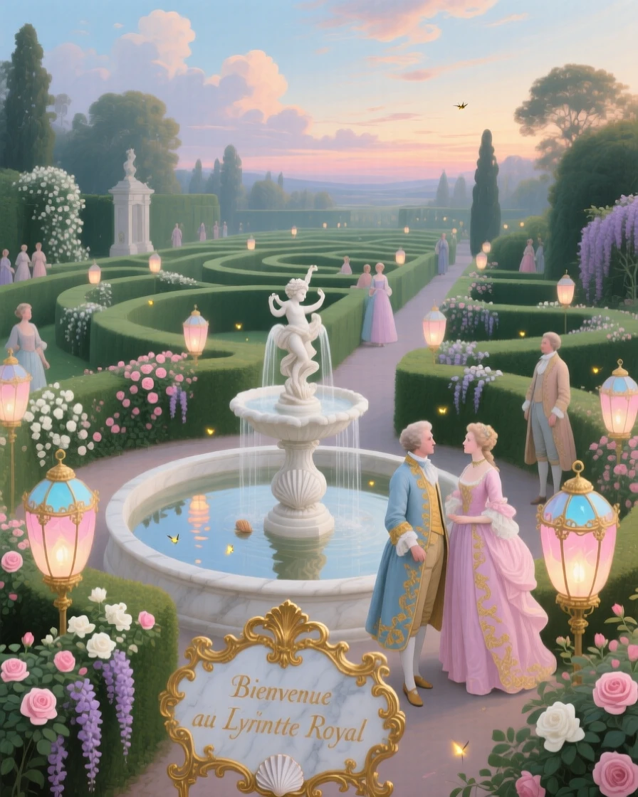 A royal garden maze with lanterns guiding guests toward a central fountain  