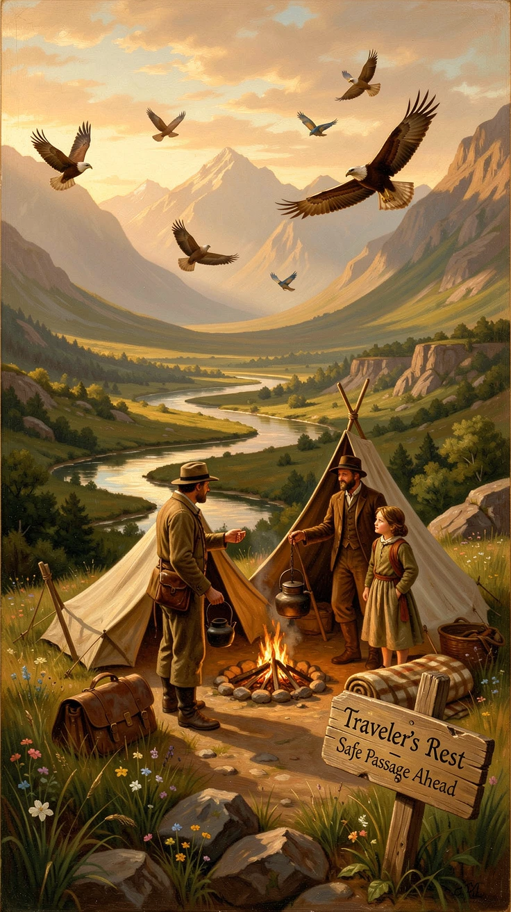 A family of travelers makes camp beside a sweeping valley bathed in golden light as birds wheel overhead.