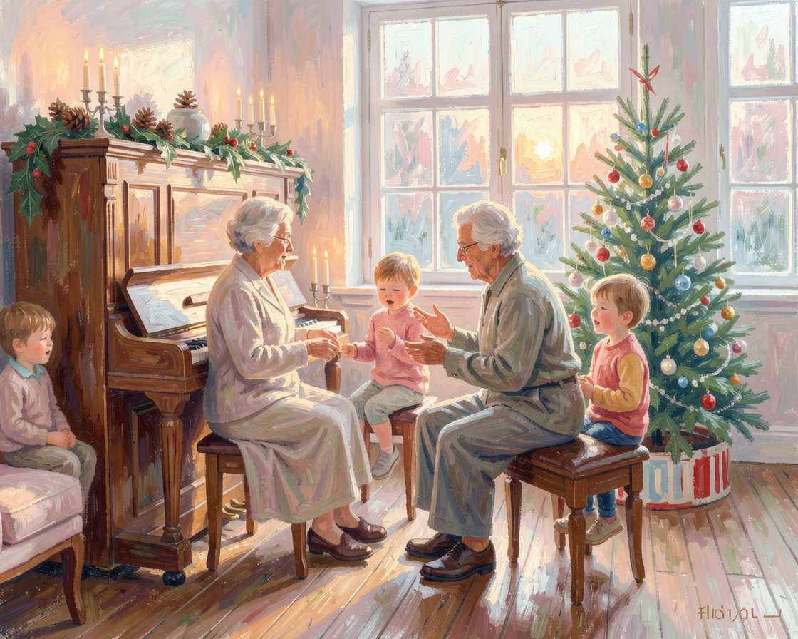 Grandparents and grandchildren gathered around a piano singing together on a cozy Christmas evening, as the first light of dawn breaks.