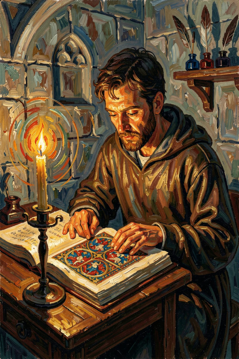 A medieval scribe illuminating a manuscript by candlelight in a quiet stone scriptorium.