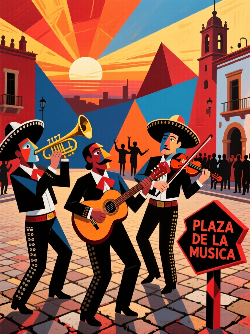 An energetic scene of a mariachi band performing in a plaza, captured as the sun rises over the horizon.