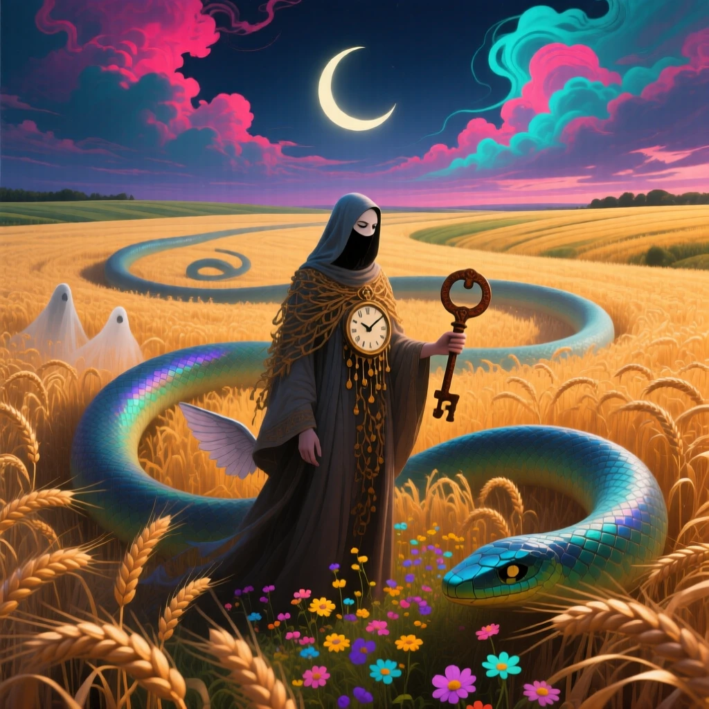 A field of wheat that ripples in slow, deliberate spirals thrives quietly in a place untouched by time, as its shadow stretches into unexpected, curling shapes.