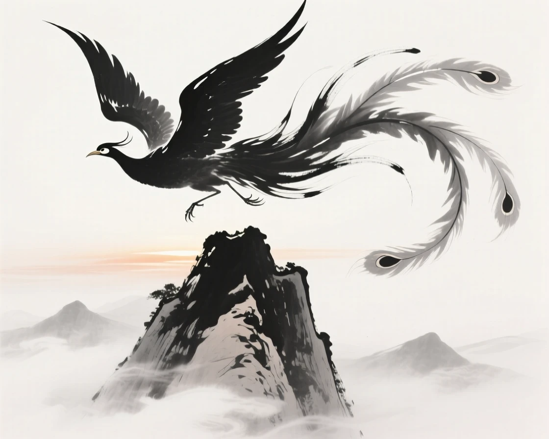 A phoenix circles above a sacred mountain peak wreathed in mist, as the first light of dawn touches the mountains.