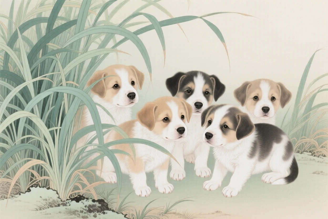 A litter of puppies peeking out from behind tall grass