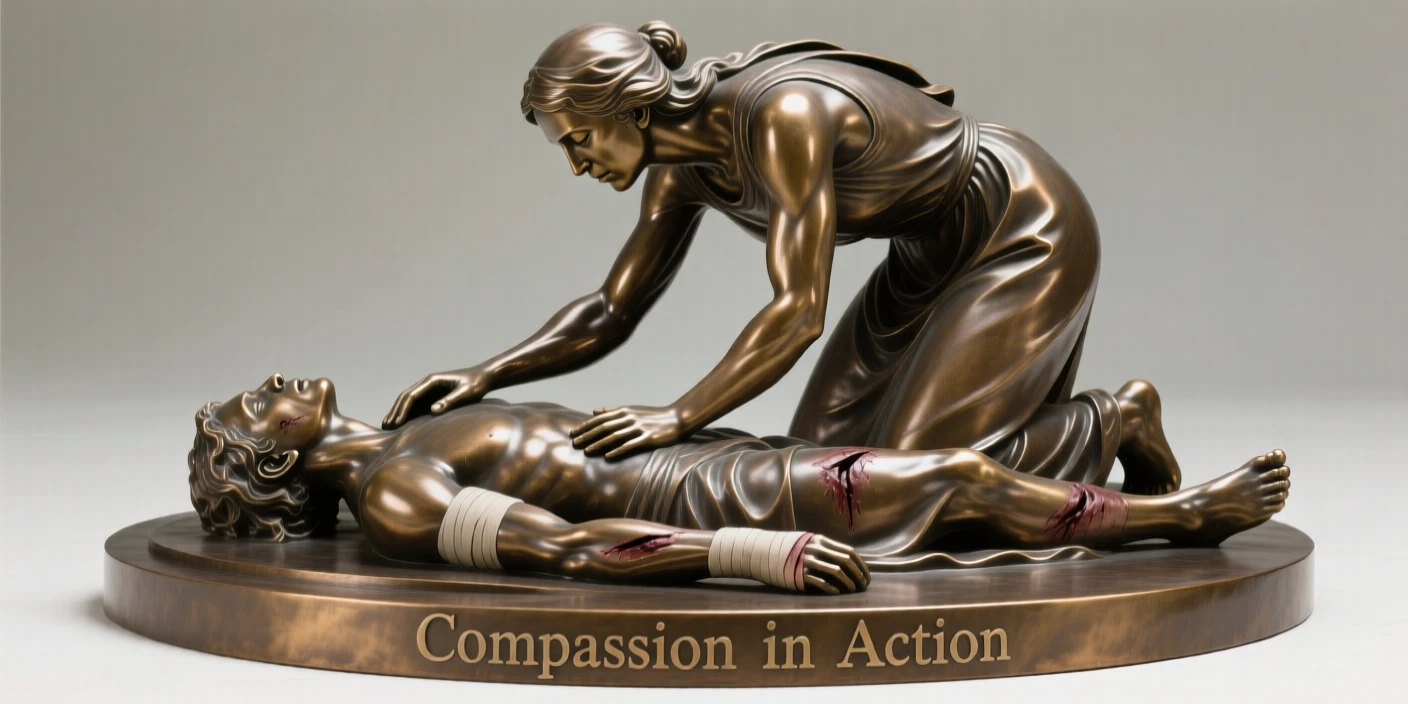 A healer tending to the wounded, with powerful, expressive body language, forming a strong central focal point