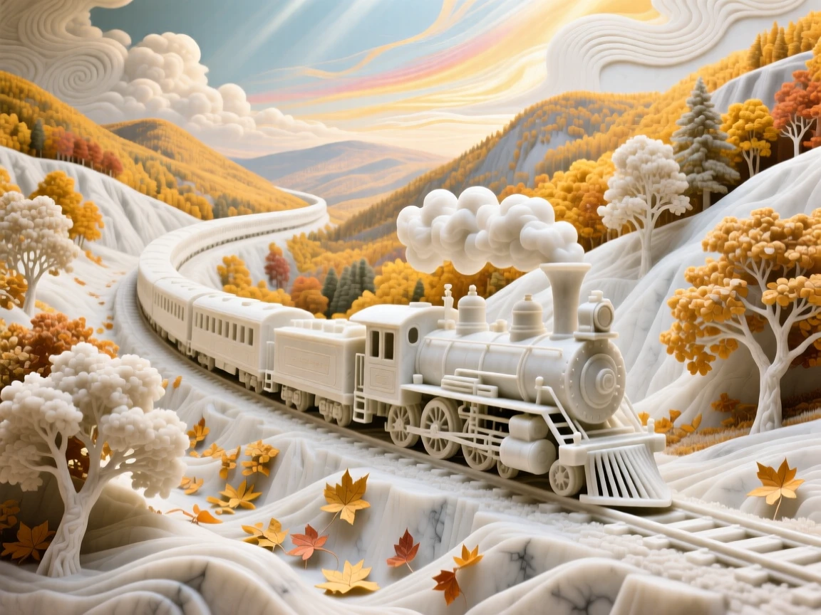 A beautifully composed image of a train winding through a golden autumn valley, under a brilliant, colorful sky, full of atmosphere and visual storytelling