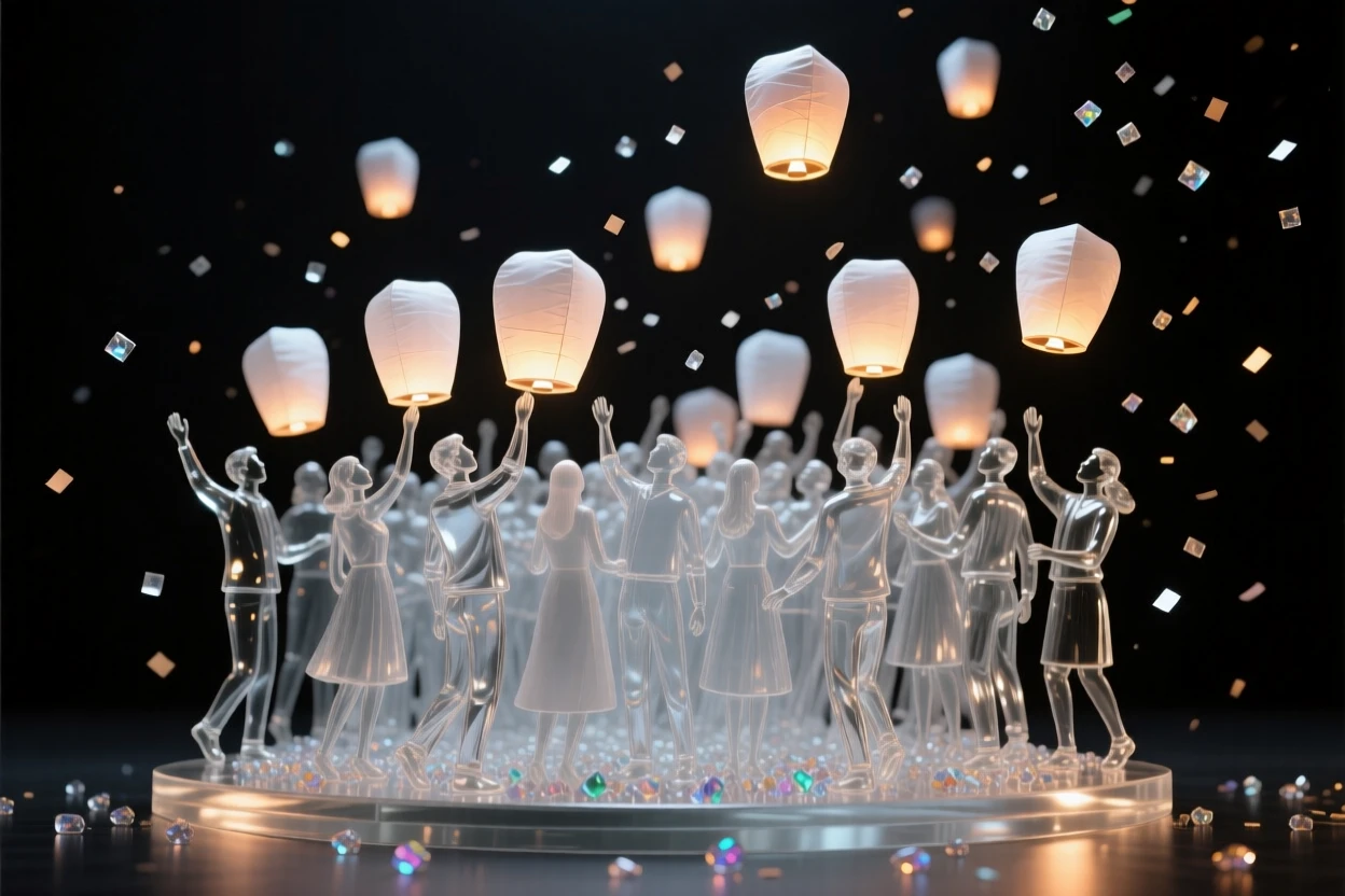 A crowd releasing hundreds of paper lanterns into the night sky as confetti drifts through the air above the crowd
