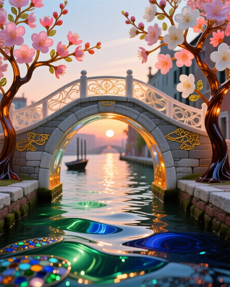 A grand old stone bridge arching over a river lined with blossoming trees at dusk, romantic and timeless.