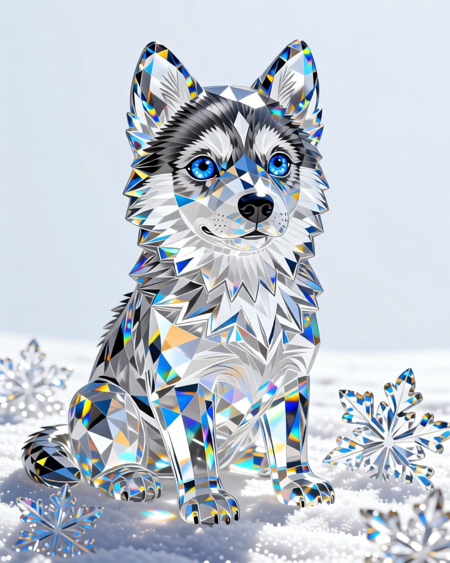 A fluffy baby husky puppy with mismatched blue eyes sitting in fresh snow.