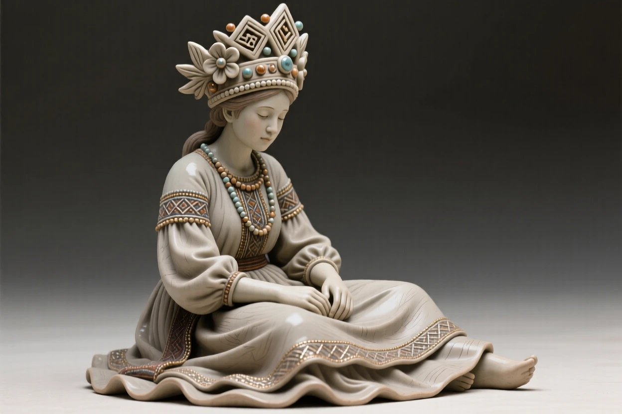 A folk dancer twirling in traditional dress seated in quiet, contemplative repose, crowned with symbolic ornamentation, radiating dignity, honor, and cultural pride.