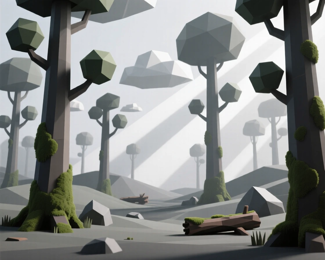 An ancient forest with moss-covered trees, in the stillness of early morning. soft light rays break through scattered clouds. The atmosphere is dramatic and powerful.