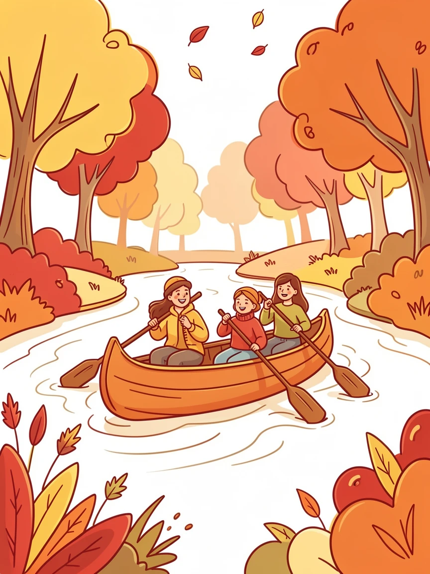 A group of friends canoeing down a gentle river through autumn foliage.