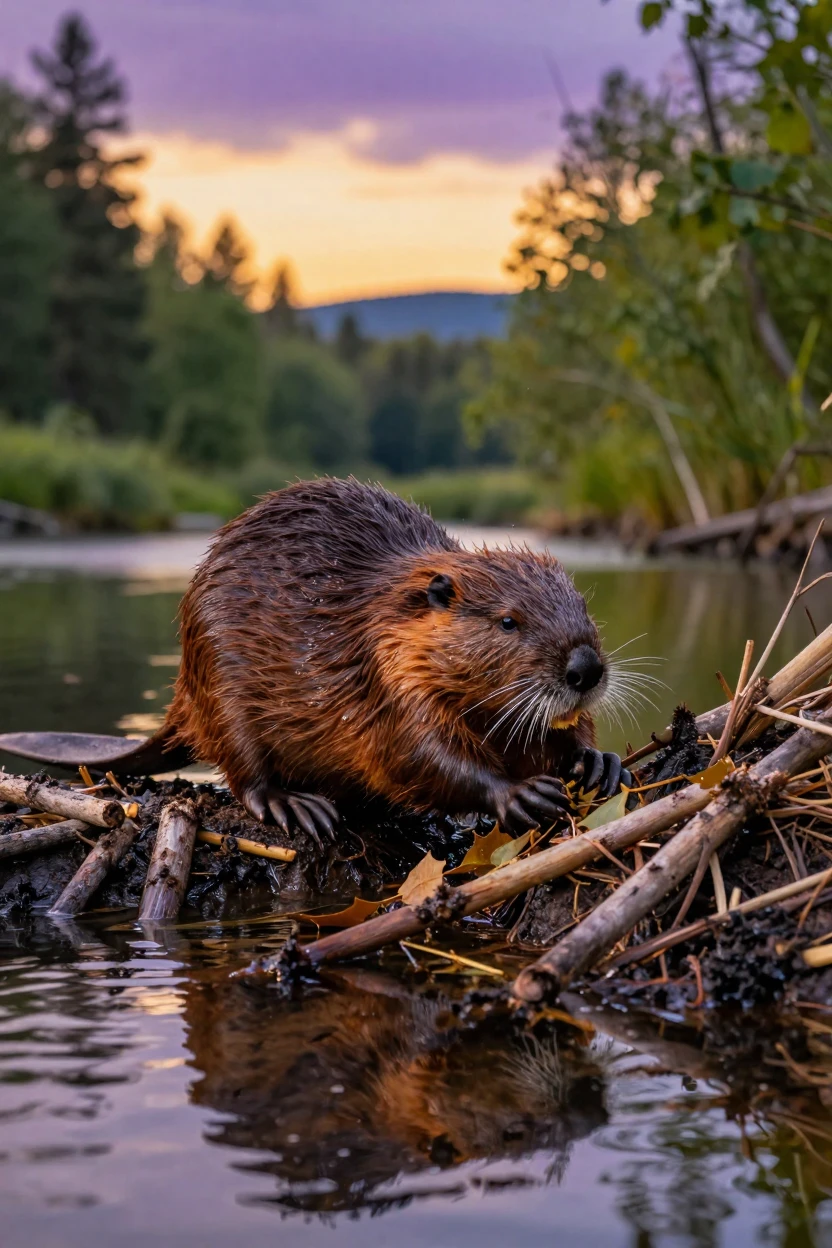 A beaver working diligently on a dam at dusk