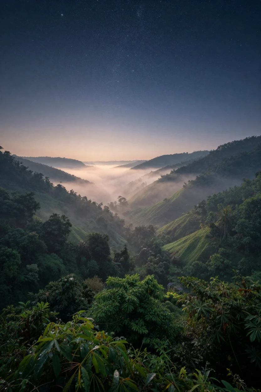 A hidden valley cloaked in morning mist, stretching endlessly under a sky full of stars