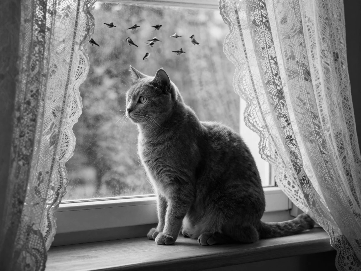 A cat watches birds from a windowsill perch beside a lace curtain.