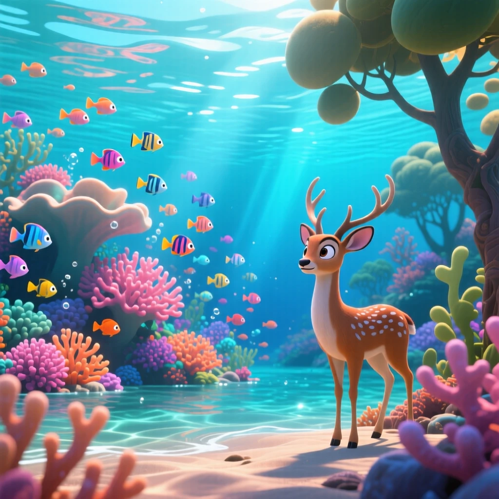 A coral reef teeming with fish glows while wind ripples gently across the surface of the water, with a single deer pausing at the tree line. The atmosphere feels fresh, alive, and untouched.