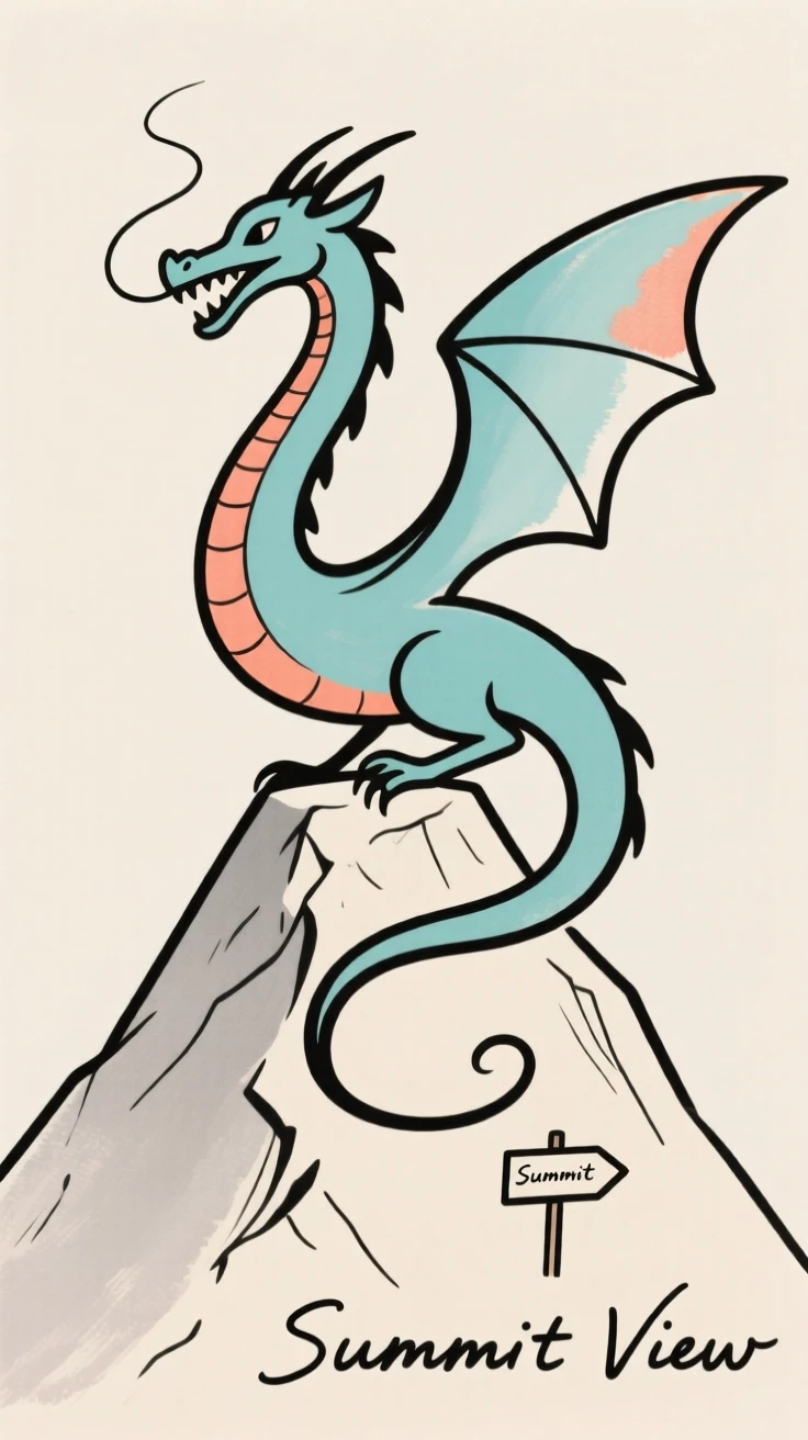 A dragon perched atop a mountain