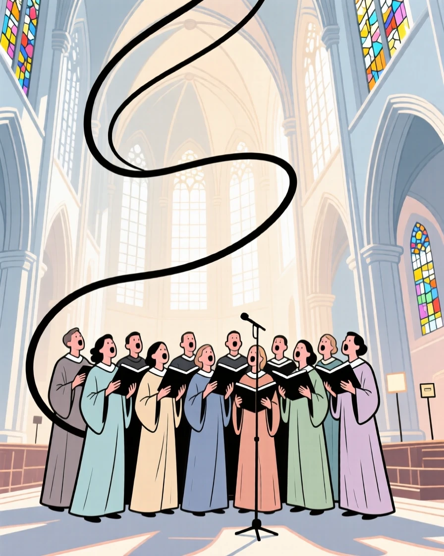 A choir singing together inside a grand cathedral filled with light.