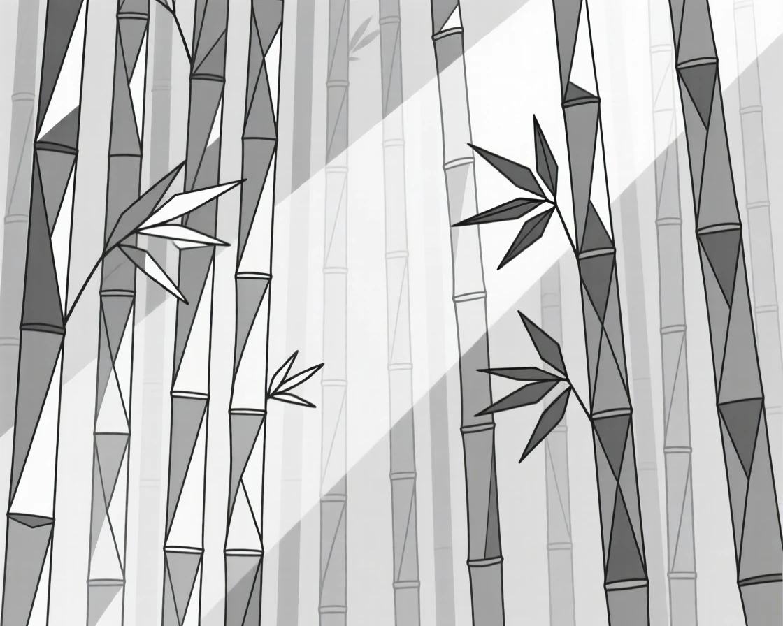 A dense bamboo forest with light streaming through