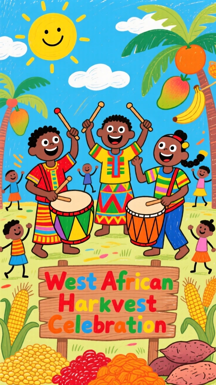 Drummers performing at a vibrant West African harvest celebration.