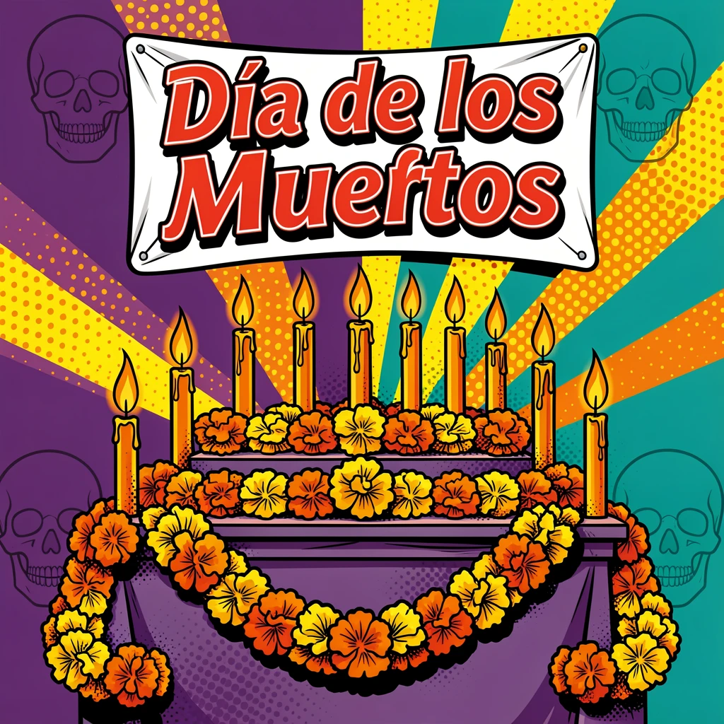 A Day of the Dead altar decorated with marigolds and candles