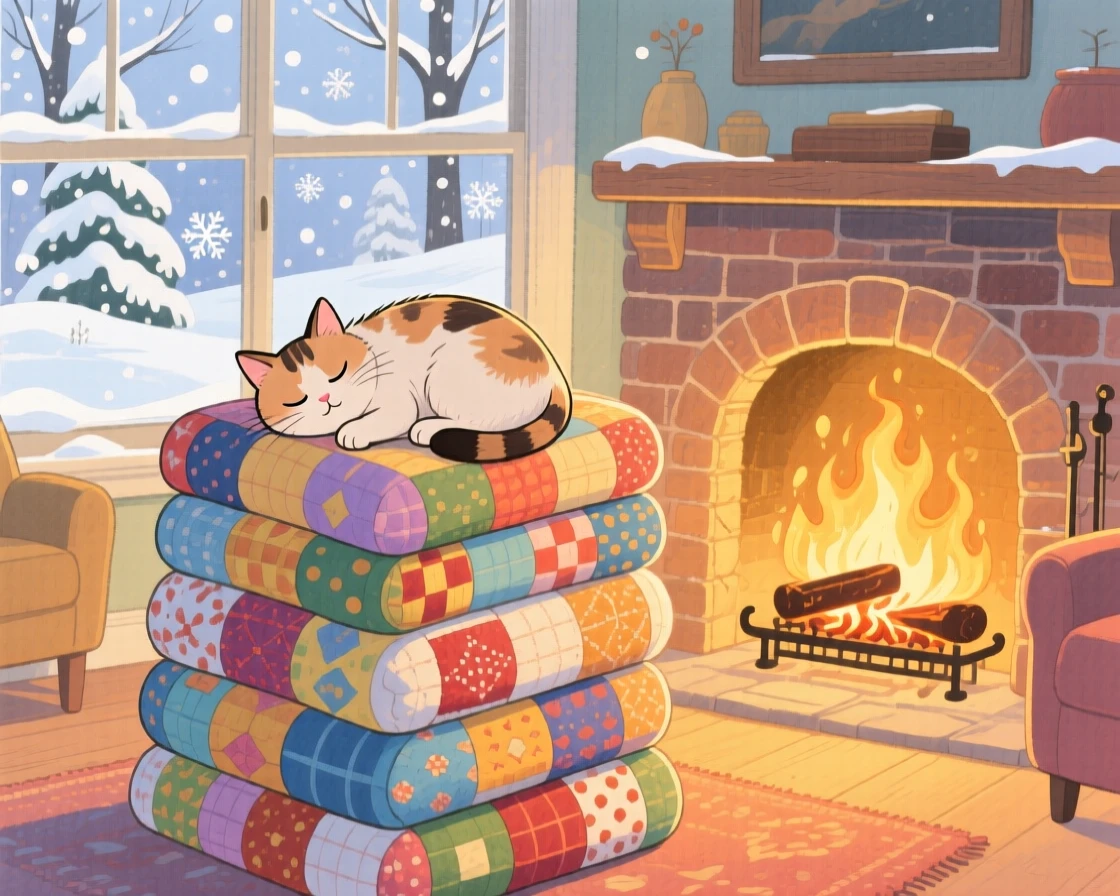 A cat curled asleep on a stack of quilts in front of a crackling fireplace, with a light dusting of snow visible through the glass, inspiring a nostalgic sense of home.