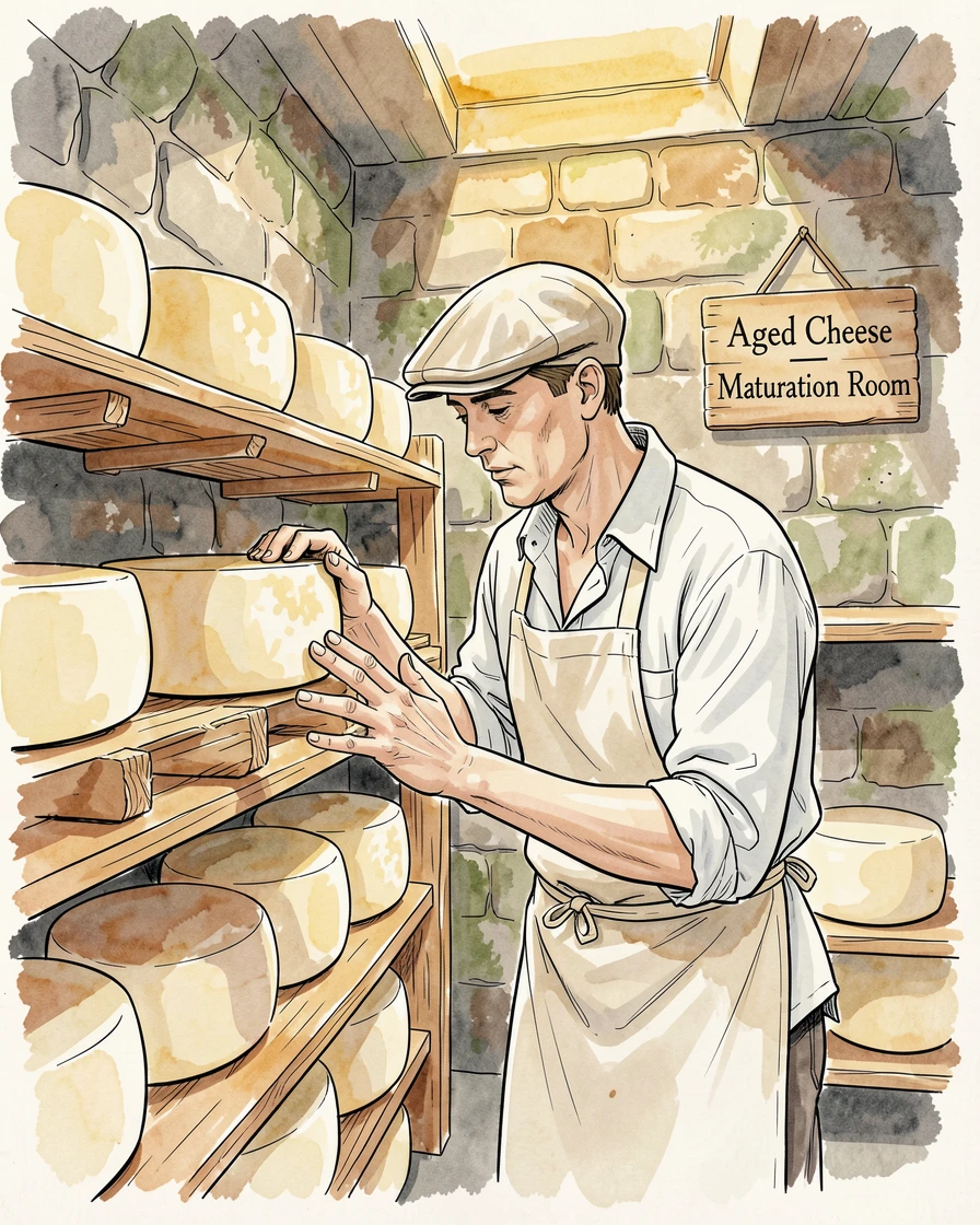 A cheese maker checking wheels of aging cheese in a cool stone cellar, warm natural light illuminating the workspace.