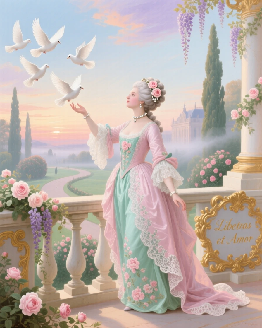 A queen releasing doves from a palace balcony at dawn  