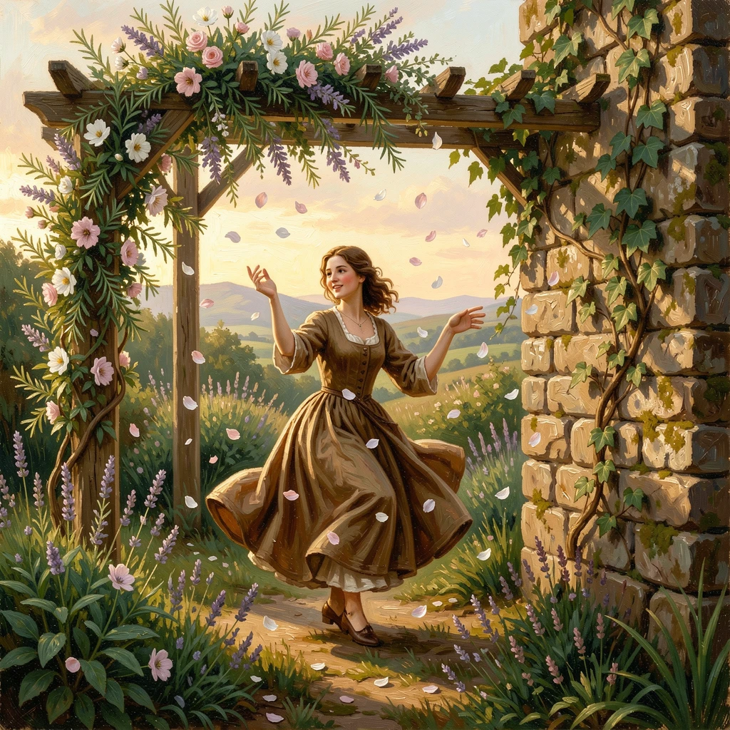 A gardener dances beneath the arbor of a herb garden beside an old stone wall as petals fall like snow.