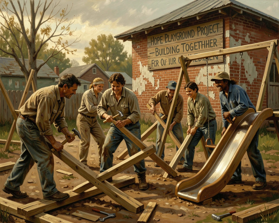 A group of volunteers building a playground for children in an underserved community, as golden, hopeful light fills the entire scene, celebrating courage, perseverance, and the strength of the human spirit