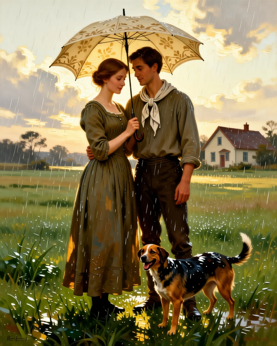 A young couple sharing an umbrella while waiting out a rainstorm as gentle affection passes easily between generations, set within a sunlit meadow just beyond a quiet farmhouse, with a family pet weaving happily between the figures; warm, low light wraps the family in a comforting glow, radiating warmth, comfort, and belonging.