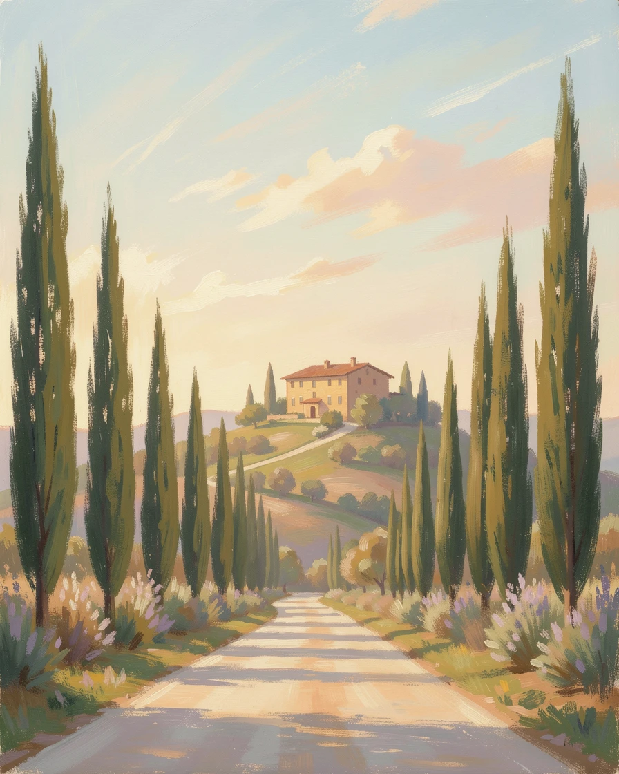 A quiet countryside road lined with tall cypress trees leading toward a hilltop villa in the Tuscan countryside, filled with warmth and nostalgia.