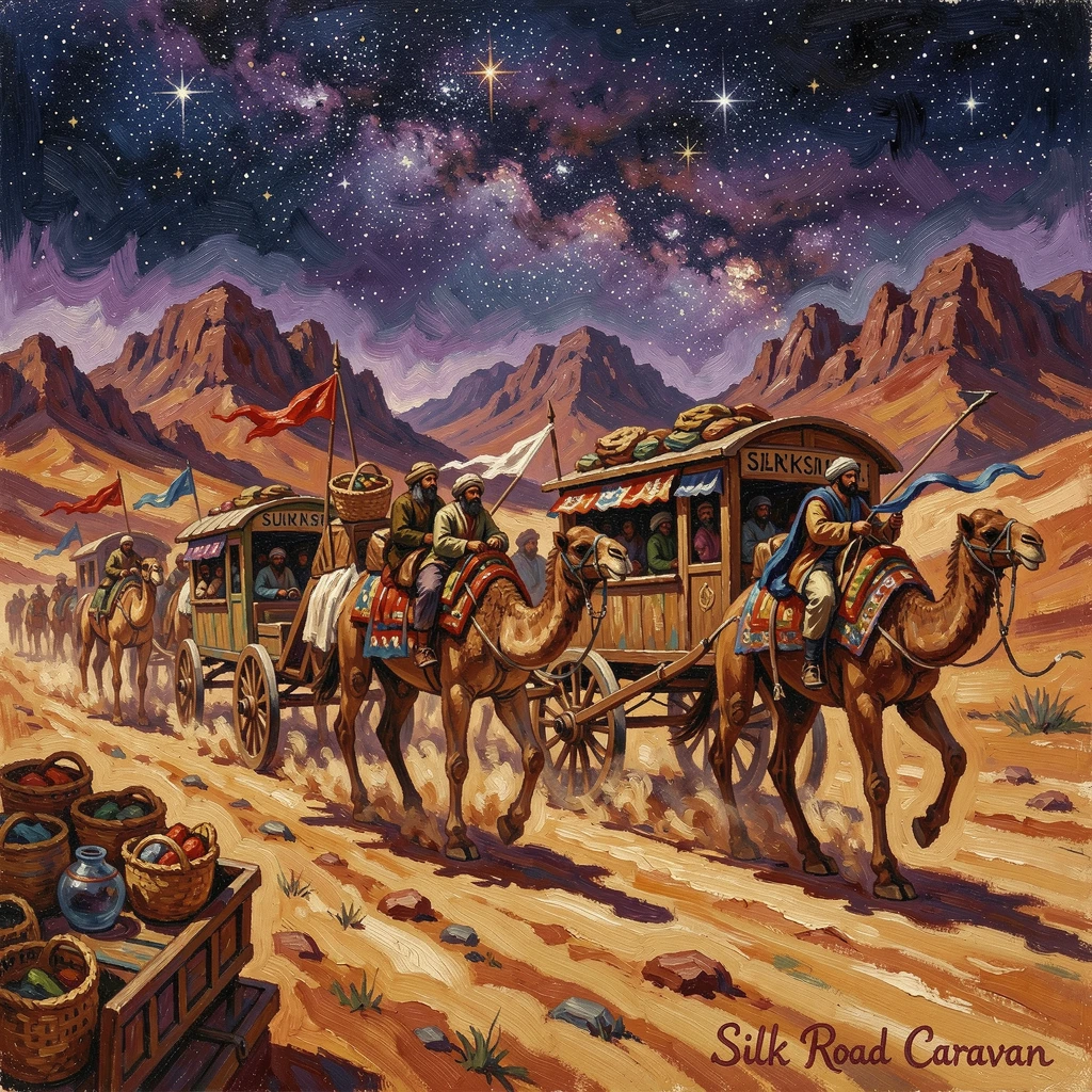 A caravan of traders crossing the Silk Road beneath a vast starry desert sky.