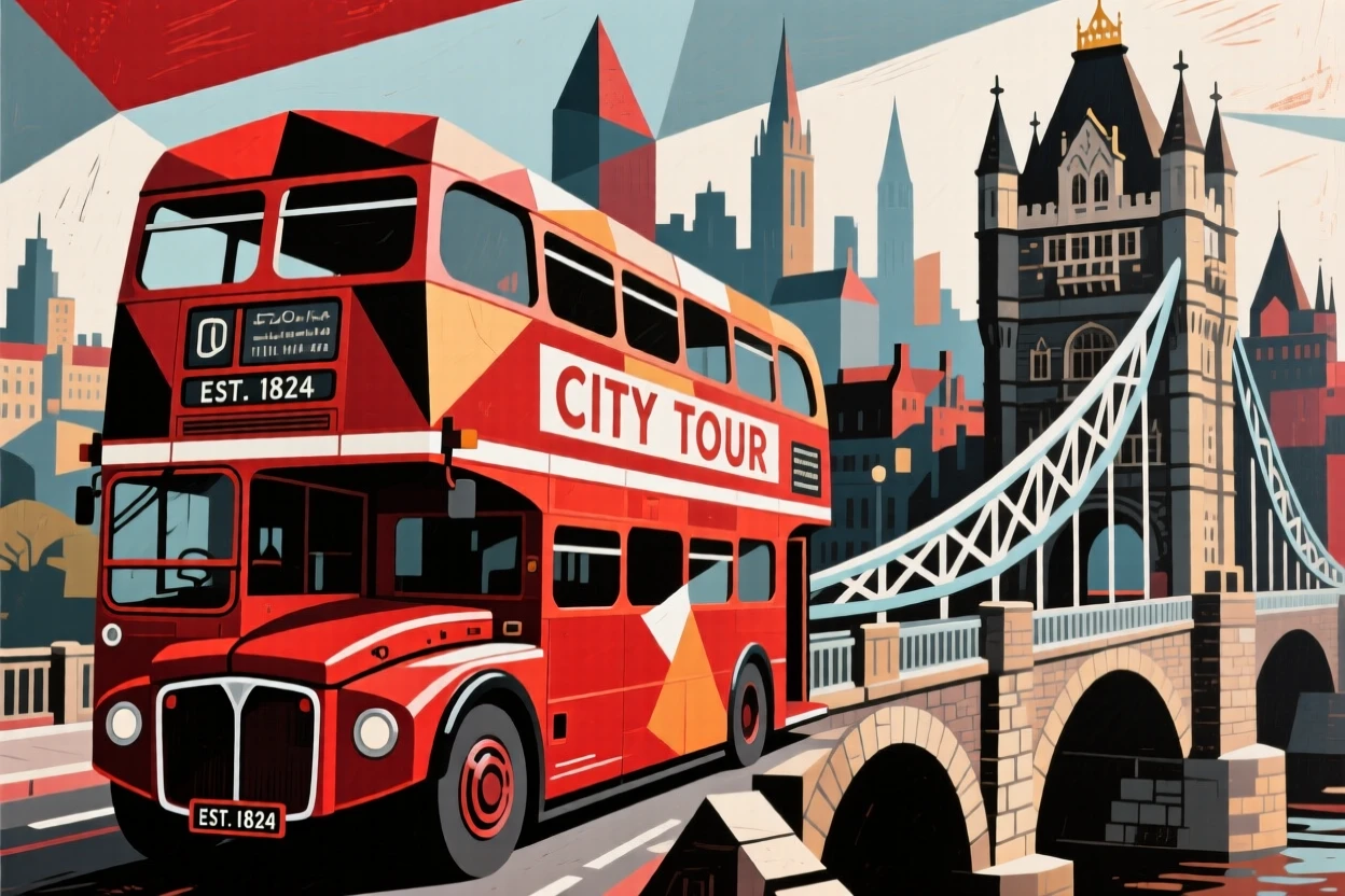 A nostalgic scene featuring a restored double-decker bus crossing a historic city bridge.