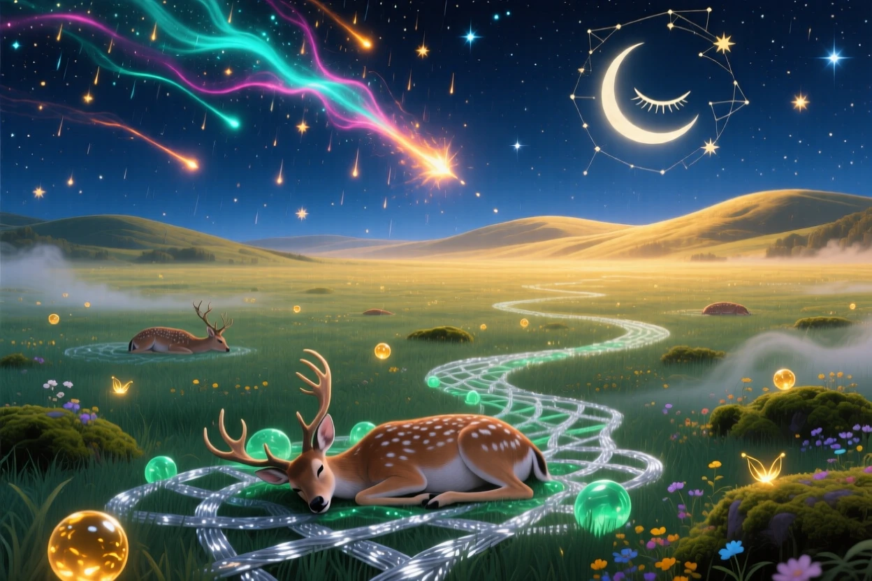 A meteor shower raining gently over a field of sleeping deer drifts slowly through an endless field of stars, as a soft golden light spills over distant sleeping hills.