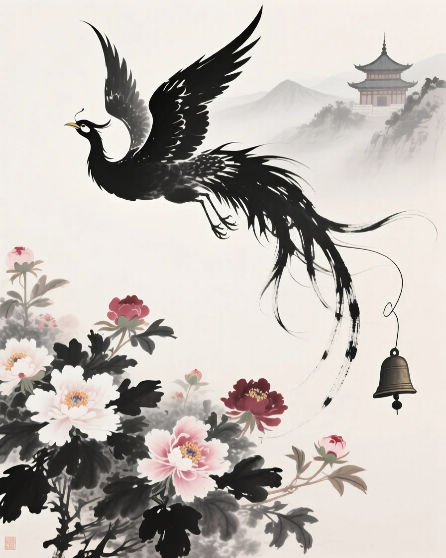A phoenix soars above a garden filled with peonies in full bloom, with distant bells echoing from a mountain temple.