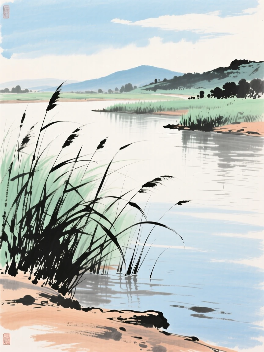 A peaceful riverside dotted with reed beds, in the height of summer.
