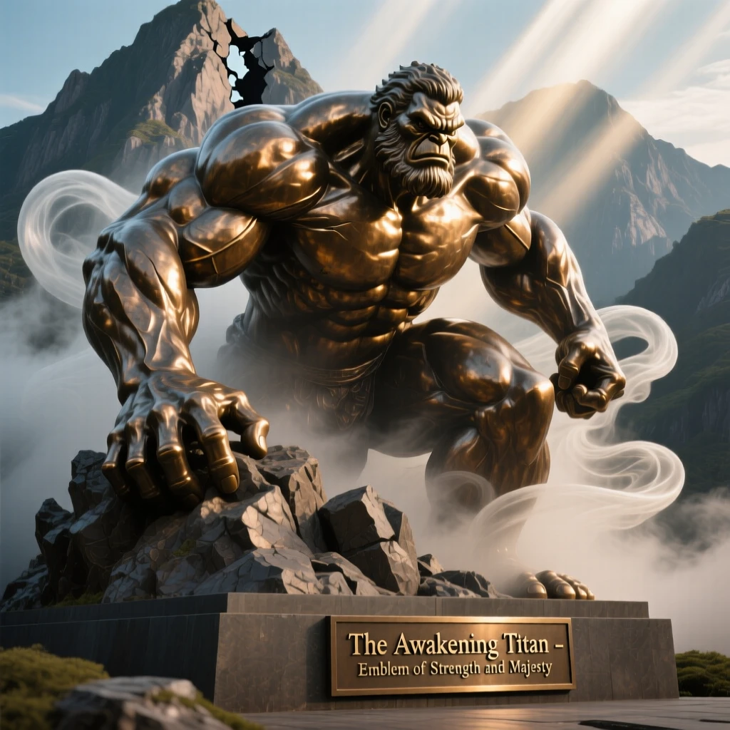 A colossal stone titan awakening from a mountainside, surrounded by swirling mist and light, radiating awe and grandeur