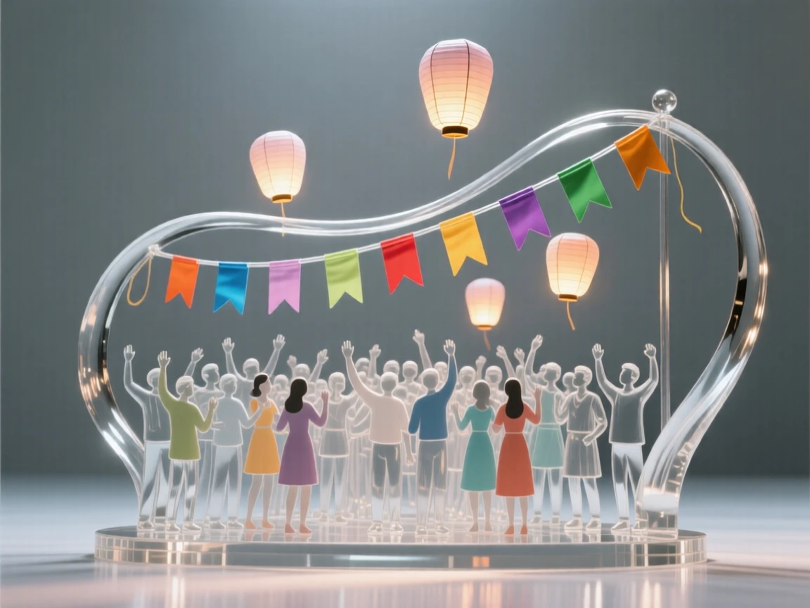 A festival crowd gathered beneath strings of colorful flags while lanterns rise slowly into the night sky