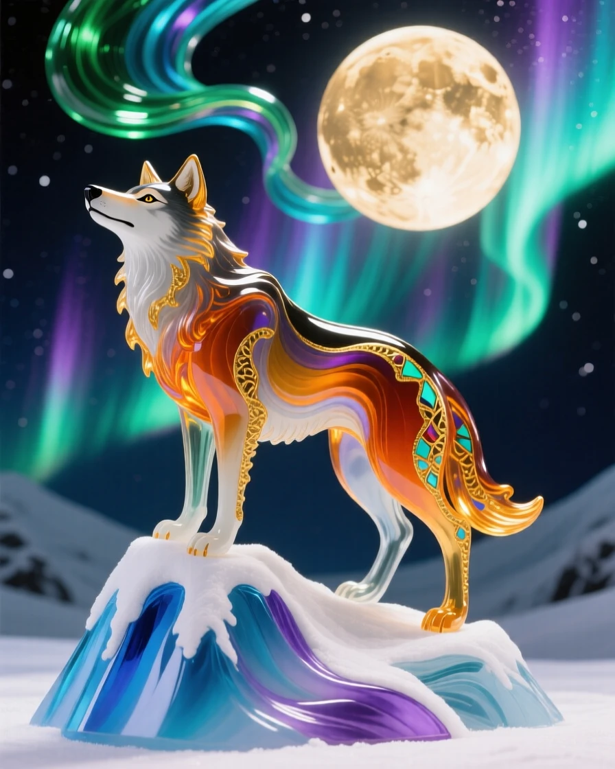 A lone wolf standing atop a snowy peak beneath a full harvest moon and aurora, wild and majestic.