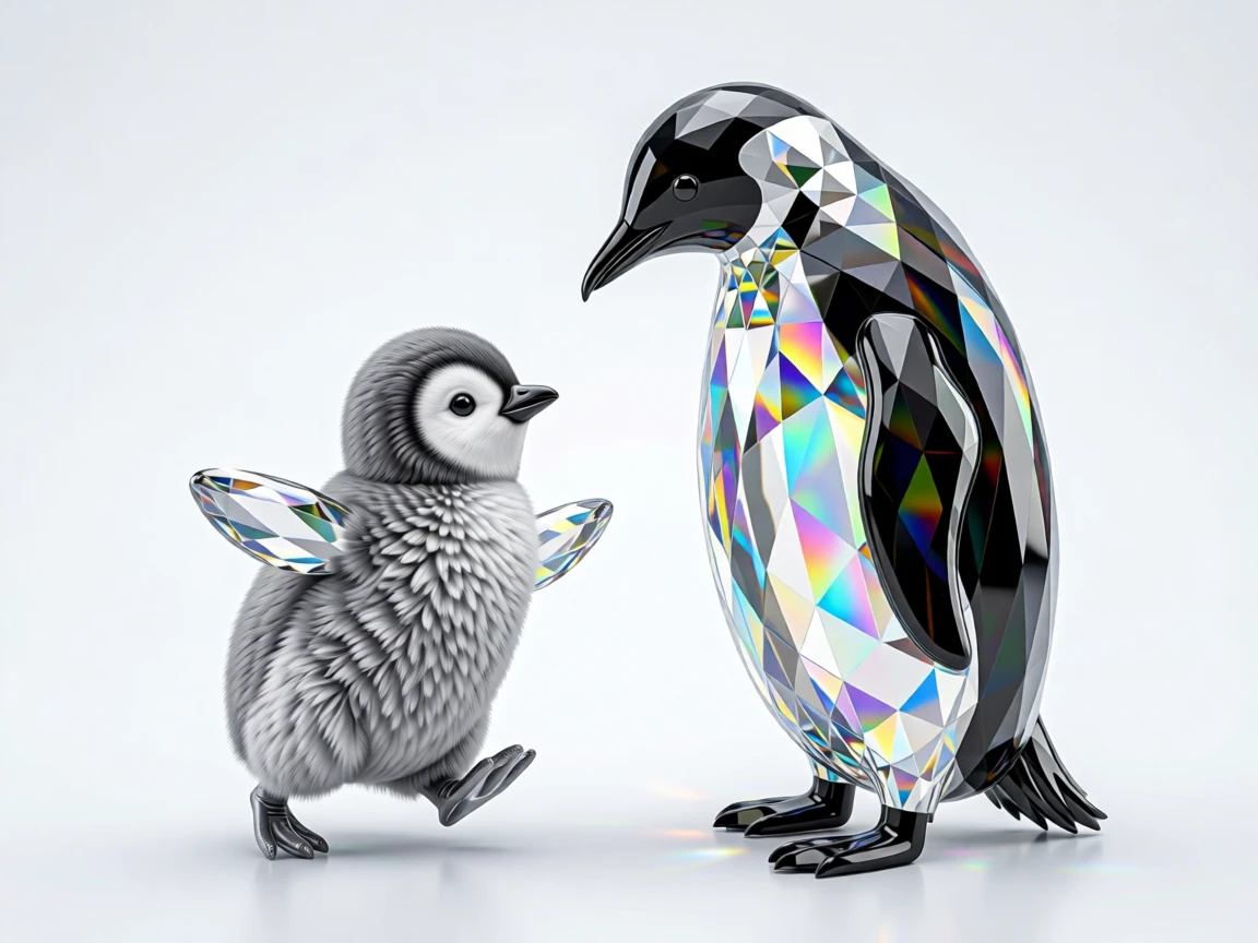 A round baby penguin chick waddling excitedly toward its parent.