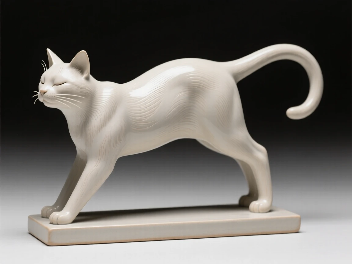 An elegant cat statuette poised mid-stretch arranged as an accent piece with quiet sophistication, with fine, delicate detailing throughout, conveying calm, tasteful sophistication.
