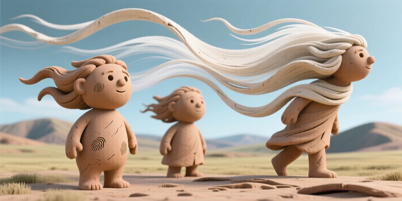 Anemoi the wind gods swirling as visible gusts over open plains