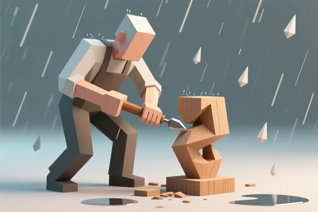 A woodworker carefully carving a wooden sculpture, on a quiet rainy afternoon. dynamic motion is captured with a clear sense of energy. It captures a feeling of personal accomplishment.
