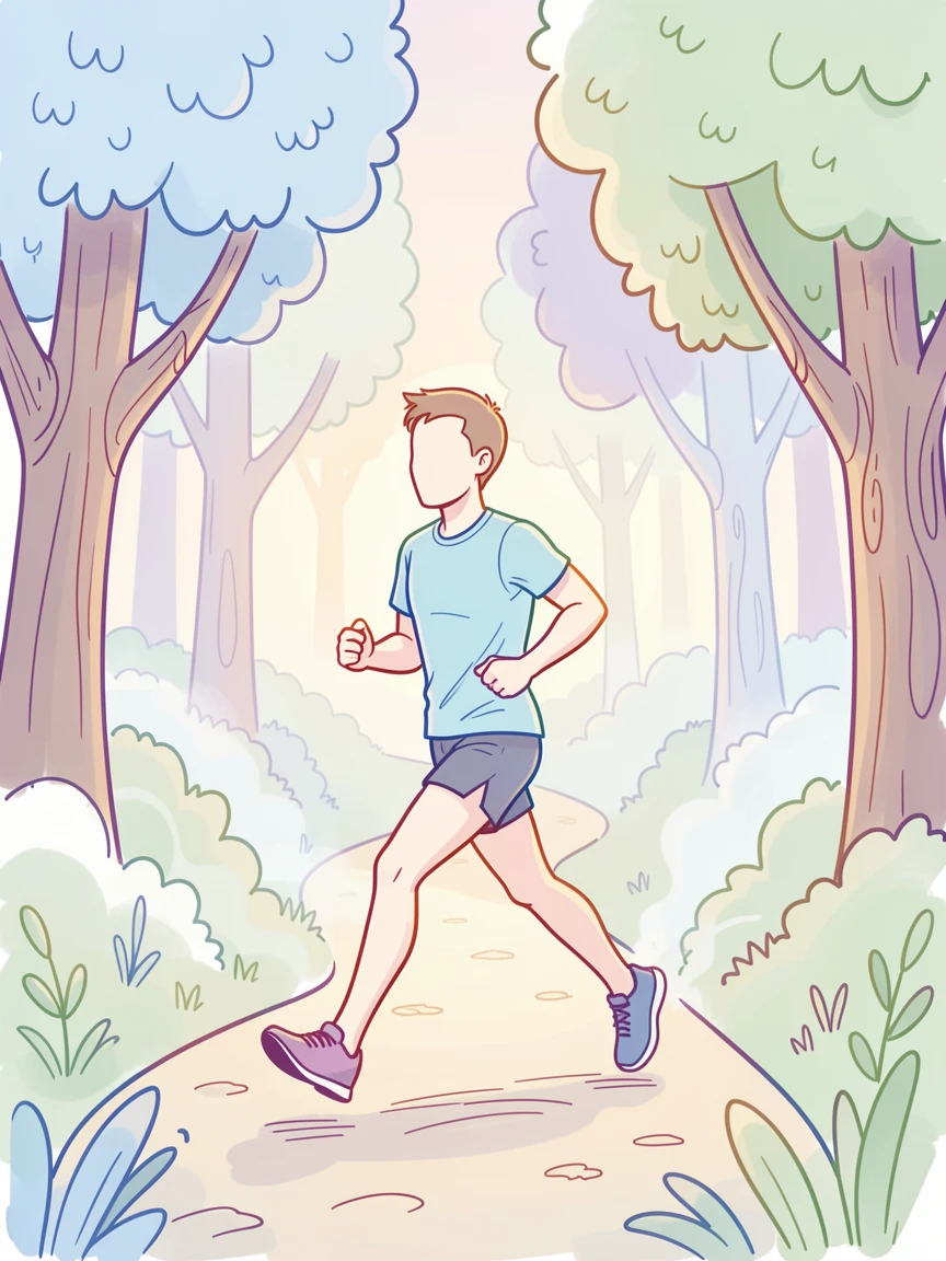 A trail runner moving through a misty forest path at dawn.